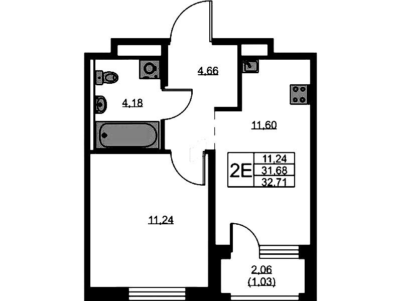 1-комнатная квартира 32.71 м², 1/9 эт., ЖК «GloraX Новоселье»